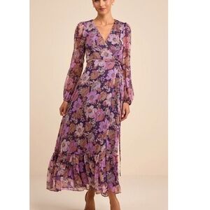 Lulus Feeling Sweet Purple Floral Print Long Sleeve Wrap Maxi Dress Medium NWT